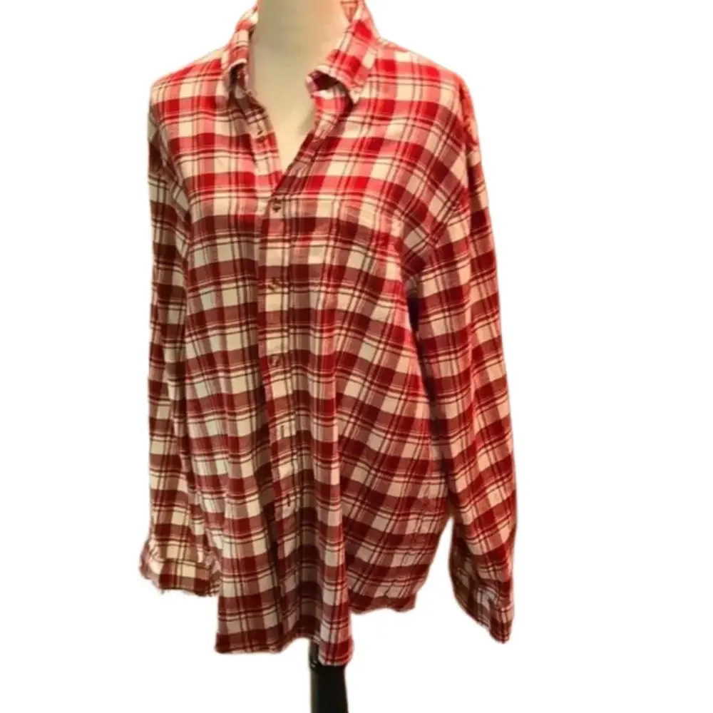 Boca Classics Plaid Overshirt Burgundy & White Long Sleeve Pocket Women size XXL